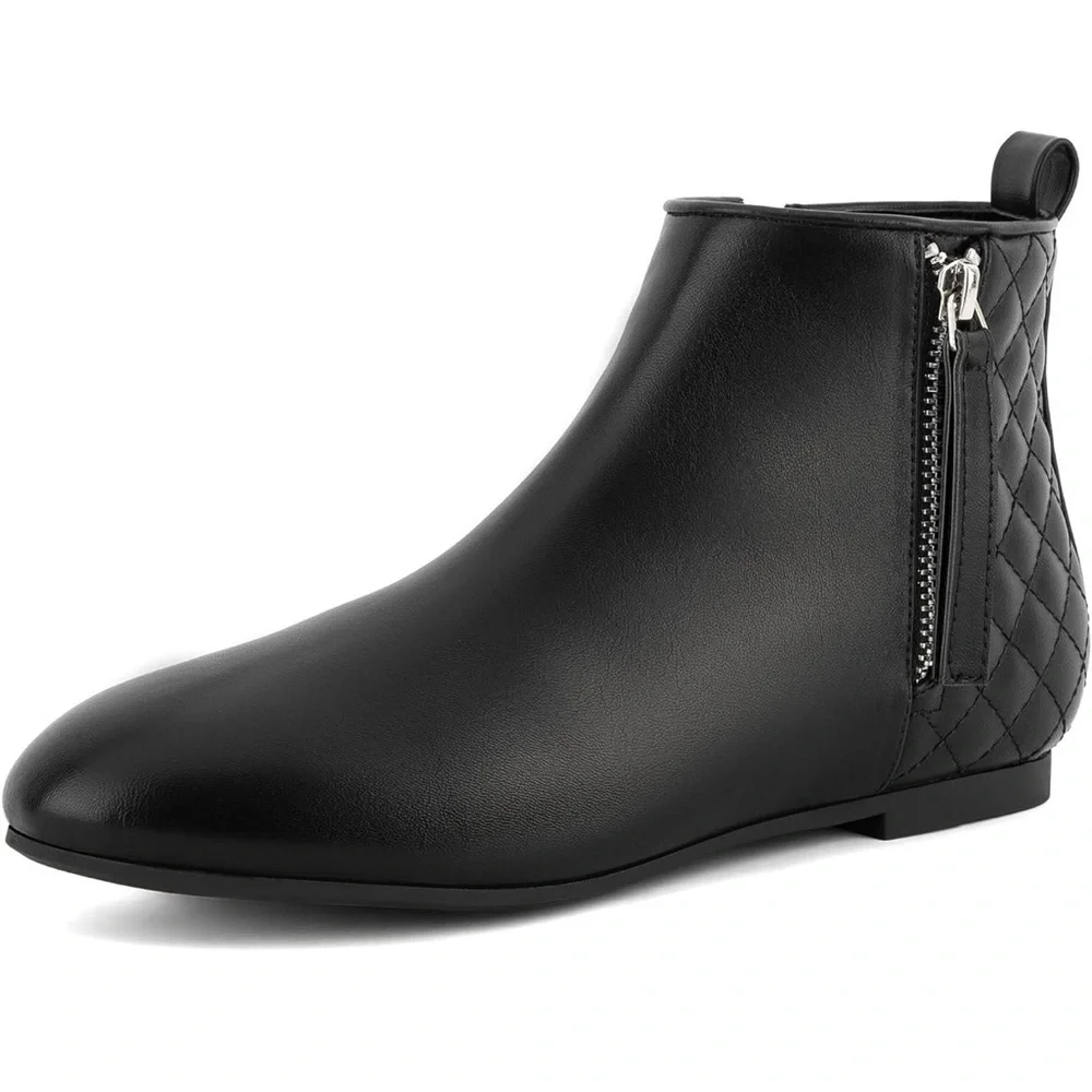 MaxMuxun Ankle Boots Flat Low Heel Booties W/Side Zipper Black PU Size 6.5 / 499